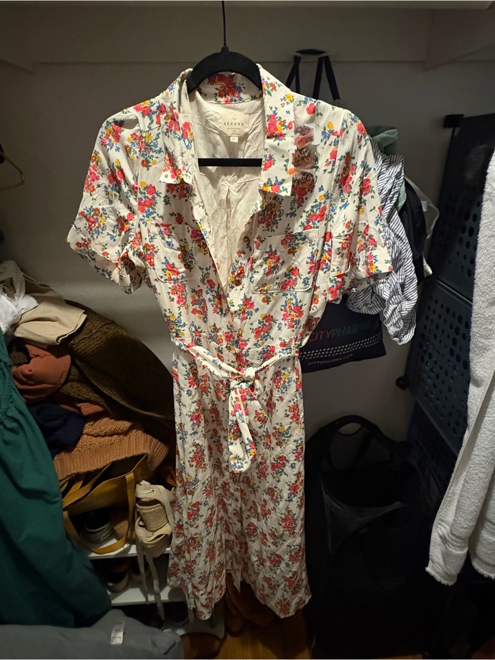Sezane Cream Floral Midi Dress with Red & Pink Bouquet